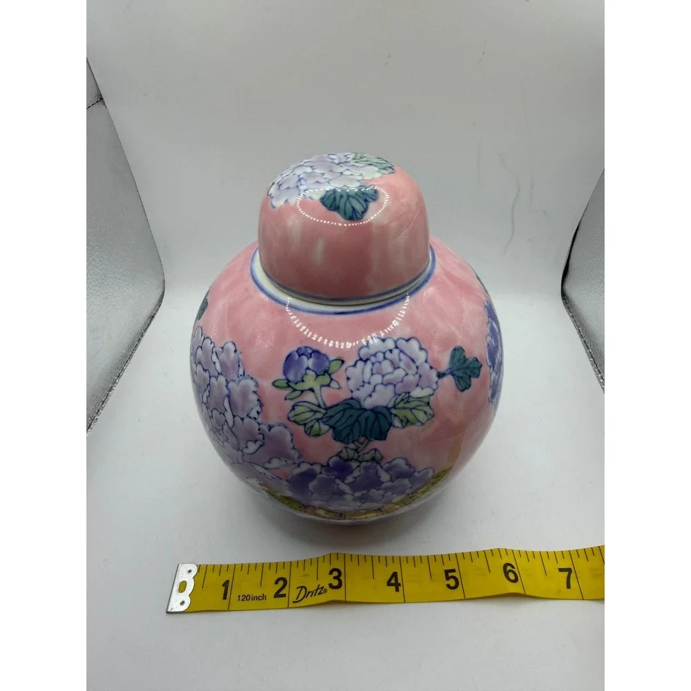 Vintage Pink Ceramic Ginger Jar with Purple Floral Peony Design and Lid 7 Inch